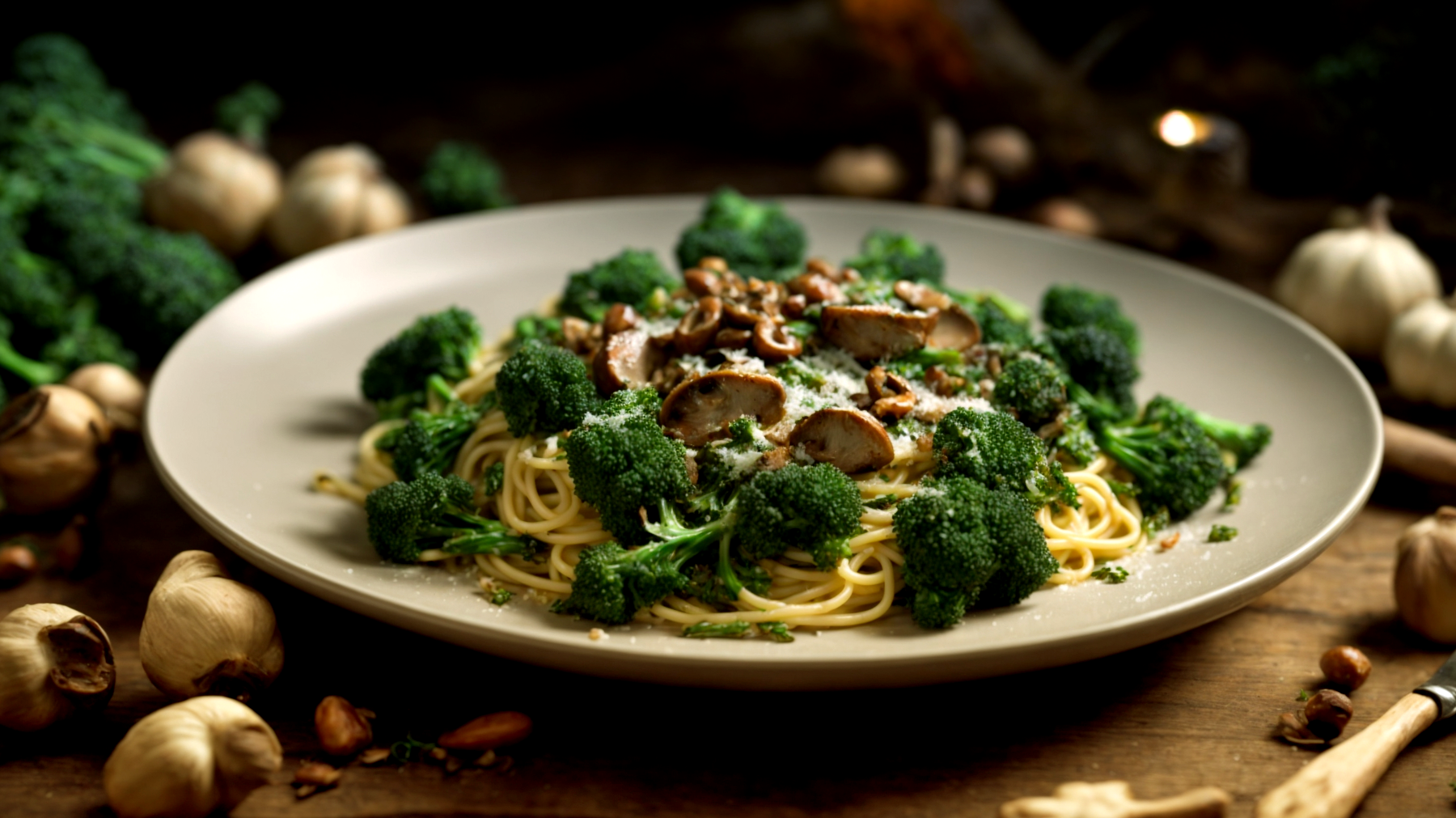 spaghetti castagne funghi porcini broccoletti"